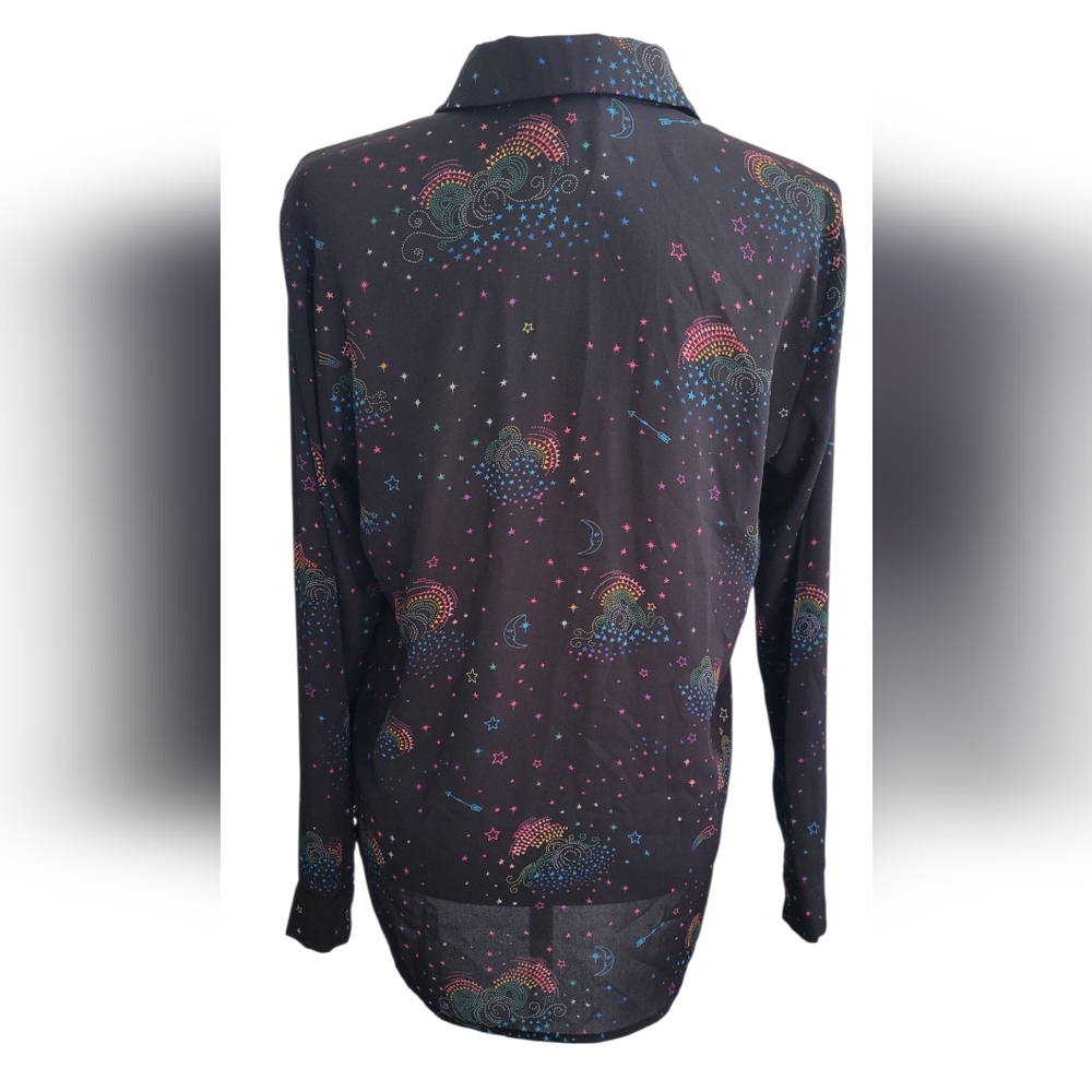 Warehouse Black Celestial Button Down Long Sleeve Shirt, Moon Stars, Women's 10 - Picture 4 of 9